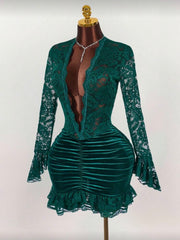 Sexy Vibe Deep V Waist Cinched Bodycon Mini Dress Red Lace Dress