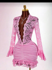 Sexy Vibe Deep V Waist Cinched Bodycon Mini Dress Red Lace Dress