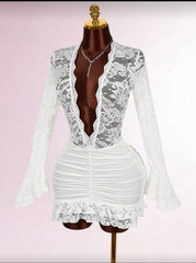 Sexy Vibe Deep V Waist Cinched Bodycon Mini Dress Red Lace Dress